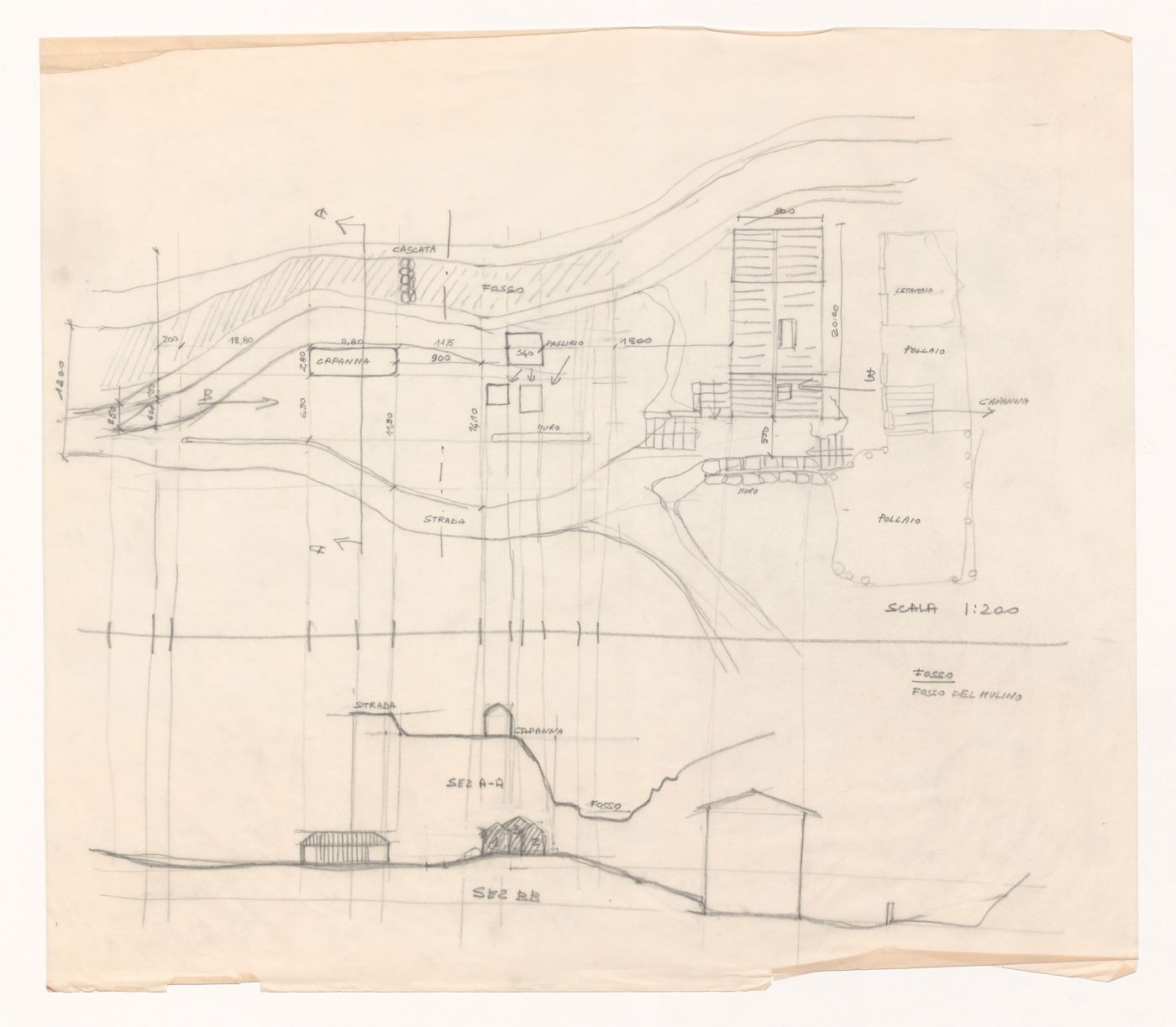 Site plan and elevation for Zeno, une cultura autosufficiente [Zeno, a self-sufficient culture]