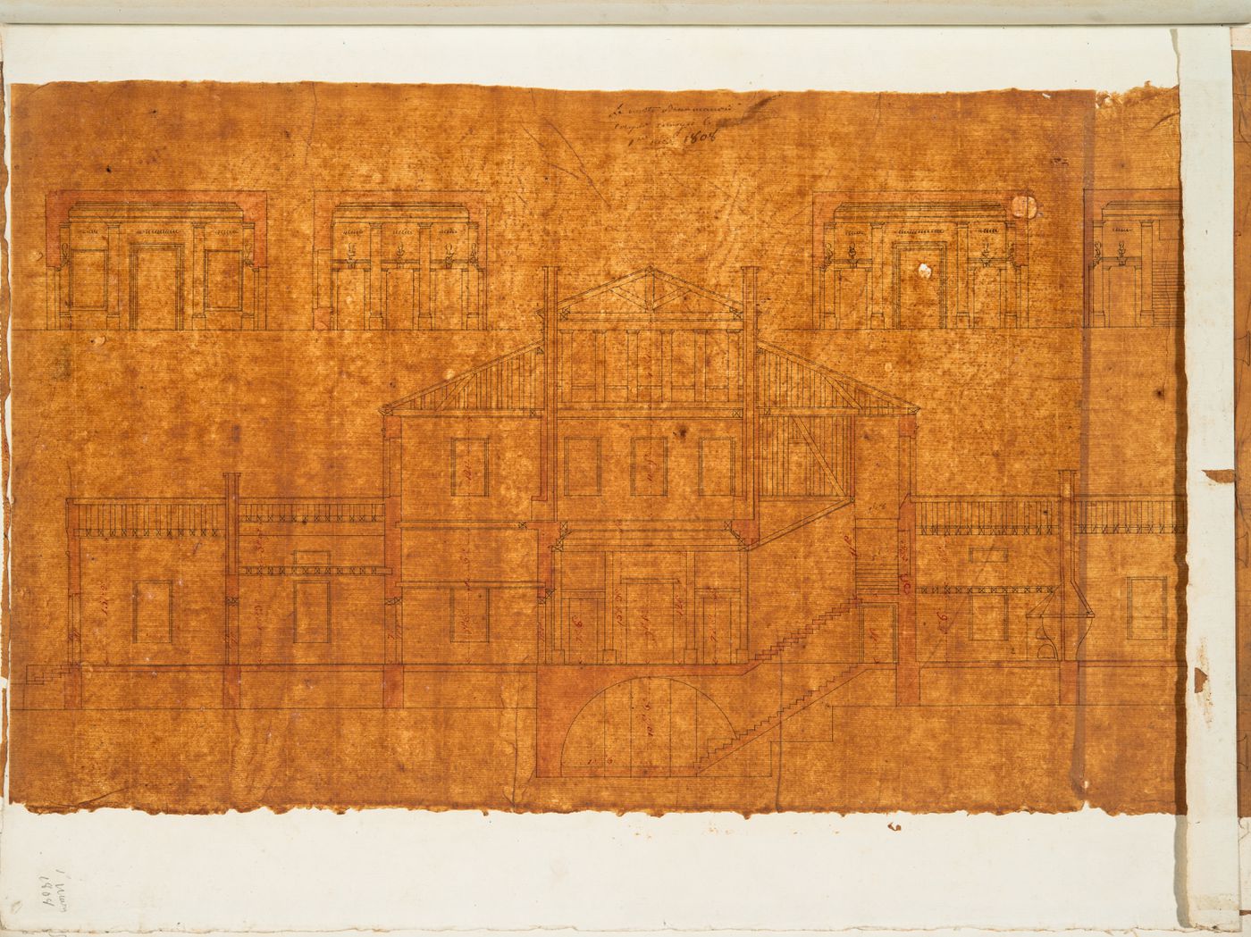 Project for a château for M. de Lorgeril, Motte Beaumanoir: Sections showing wood framing and interior decoration