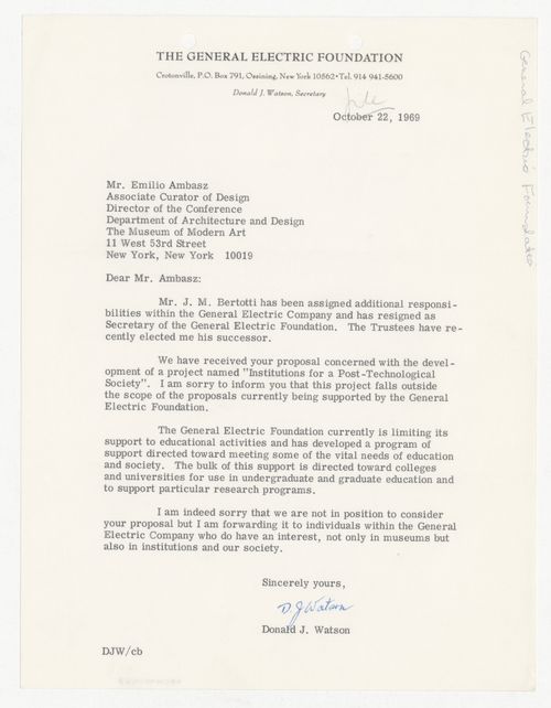 Letter from Donald J. Watson to Emilio Ambasz responding to proposal for Institutions for a Post-Technological Society conference