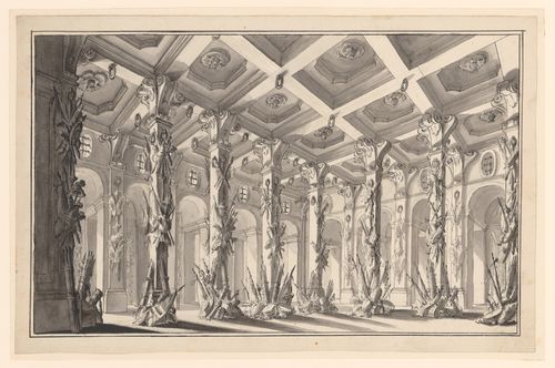 A stage design showing a palatial interior decorated with the attributes of war