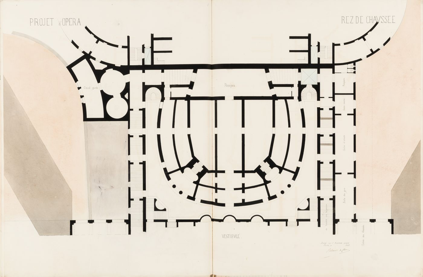 Project for an opera house for the Théâtre impérial de l'opéra: Ground floor plan showing the auditorium