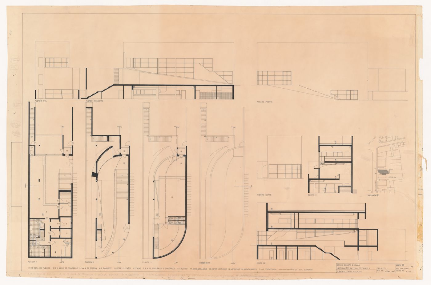 Elevations, sections, and plans for Banco Borges & Irmão II [Borges & Irmão bank II], Vila do Conde, Portugal