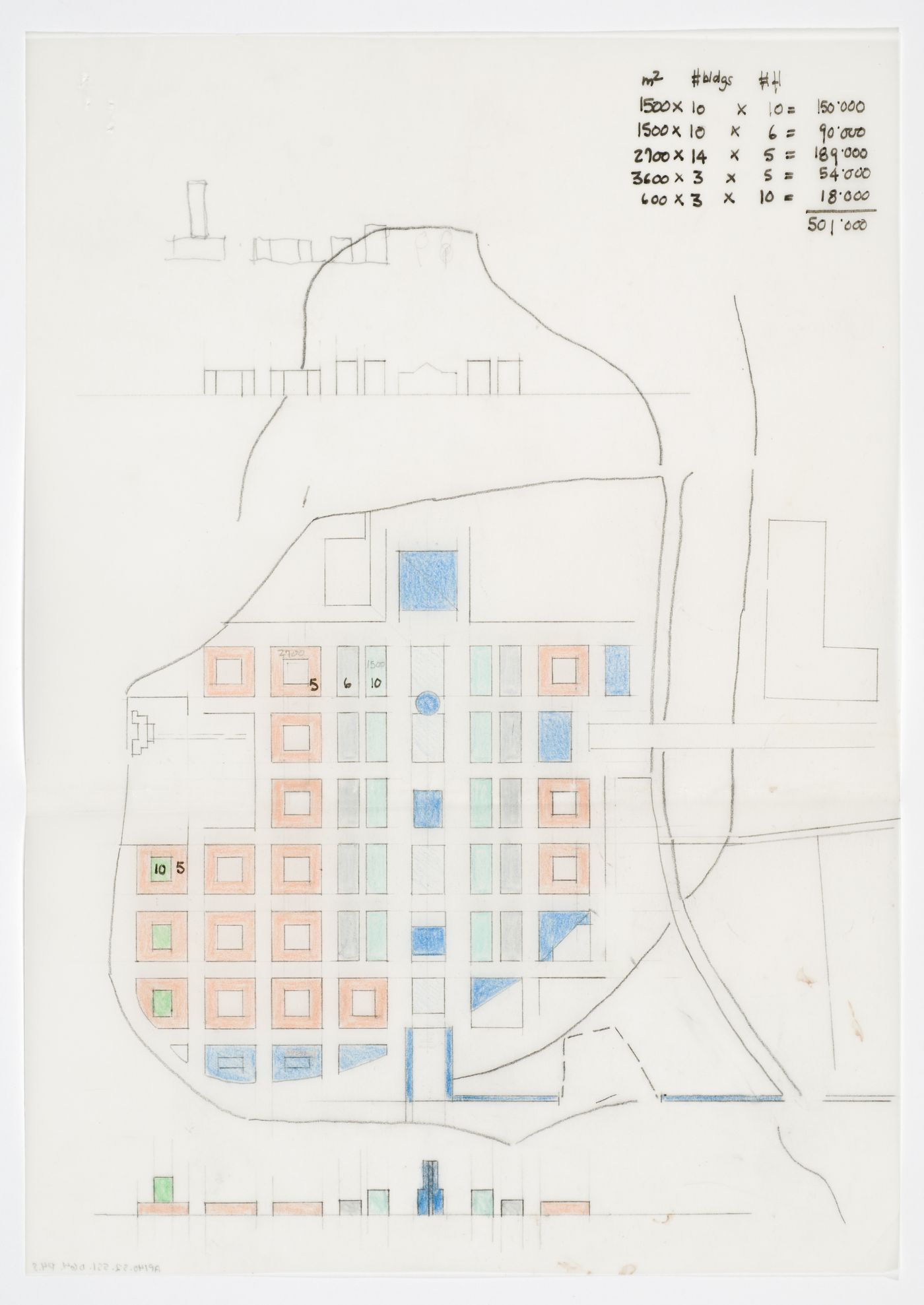 New Town Centre, Caselecchio di Reno, Italy: plan and elevations