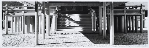 View of wooden posts and stairs at the entrance to the Shoden [Main Sanctuary], Naiku [Inner Shrine], Ise Daijingu (also known as Ise Jingu [Ise Shrine]), Ise-shi, Japan