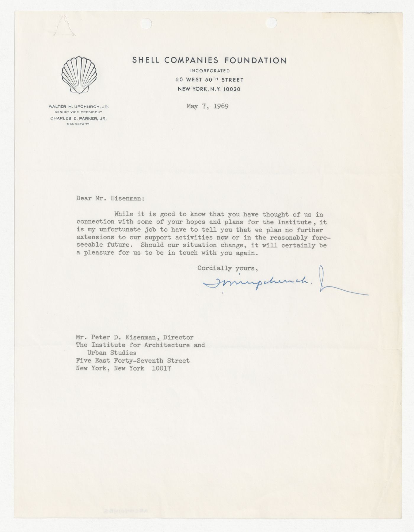 Letter from Walter M. Upchurch Jr. to Peter D. Eisenman responding to donation request made by Eisenman