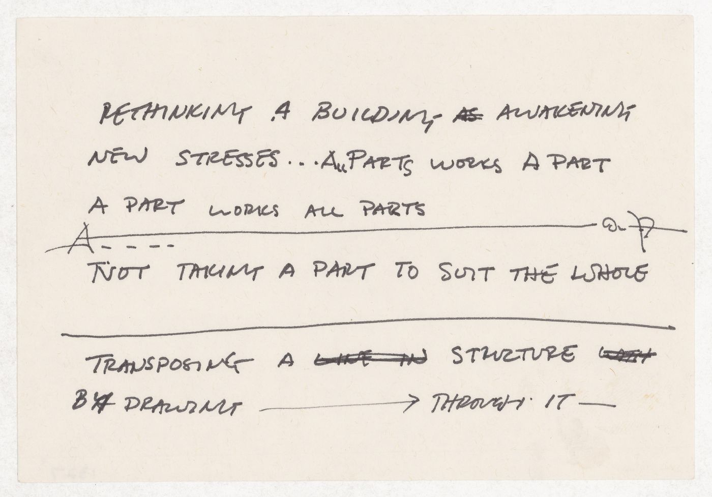 Rethinking a building awakening new stresses... All parts works a part a part works all parts / not taking a part to suit the whole / Transporting a structure by drawing through it