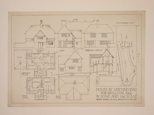 Elevations, plans, and section for the George J. Cox House, Leatherhead