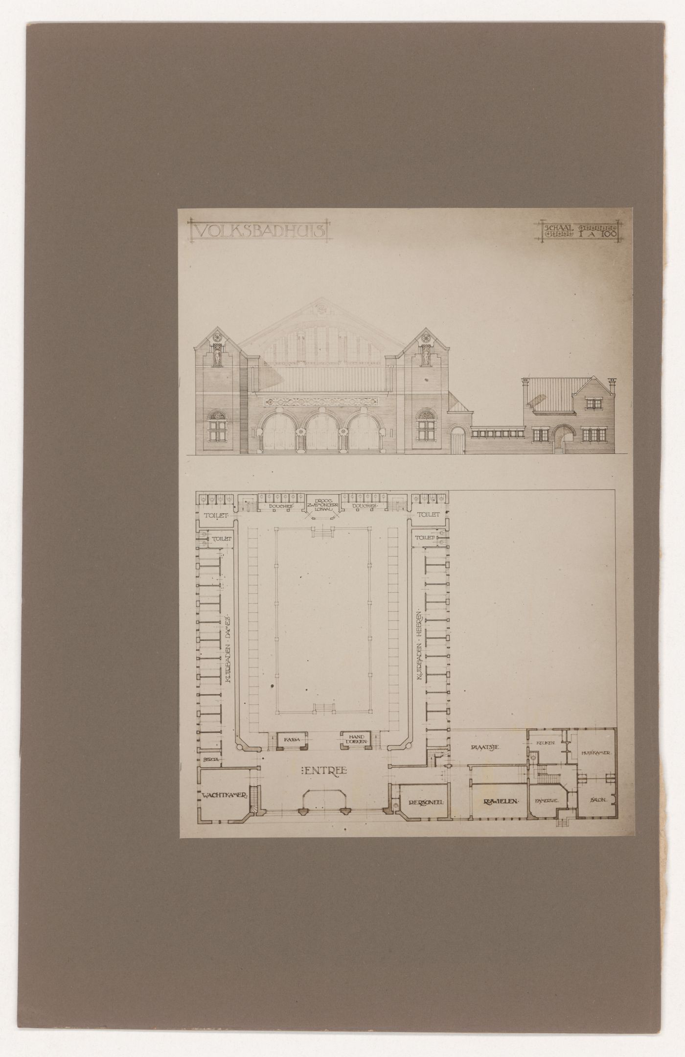 Photograph of an elevation and ground plans for a public bath, Blaricum, Netherlands