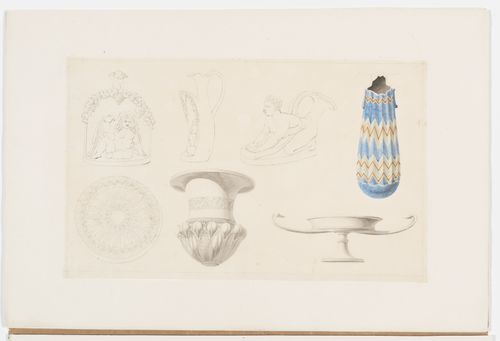 Drawing of two vases decorated with foliage and grotesques, a jug decorated with grotesques, a vase decorated with a geometric pattern, an undecorated kylike, an urn decorated with foliage, and a rosette or the underside of a vase