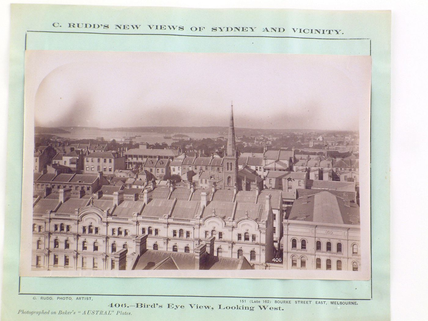 View of Sydney showing row houses and a church steeple, Australia