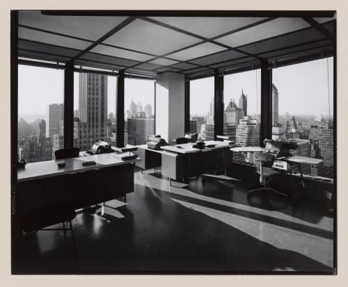 Interior view of a furnished office in the Seagram Building showing the recessed light fixtures designed by Richard Kelly, New York City