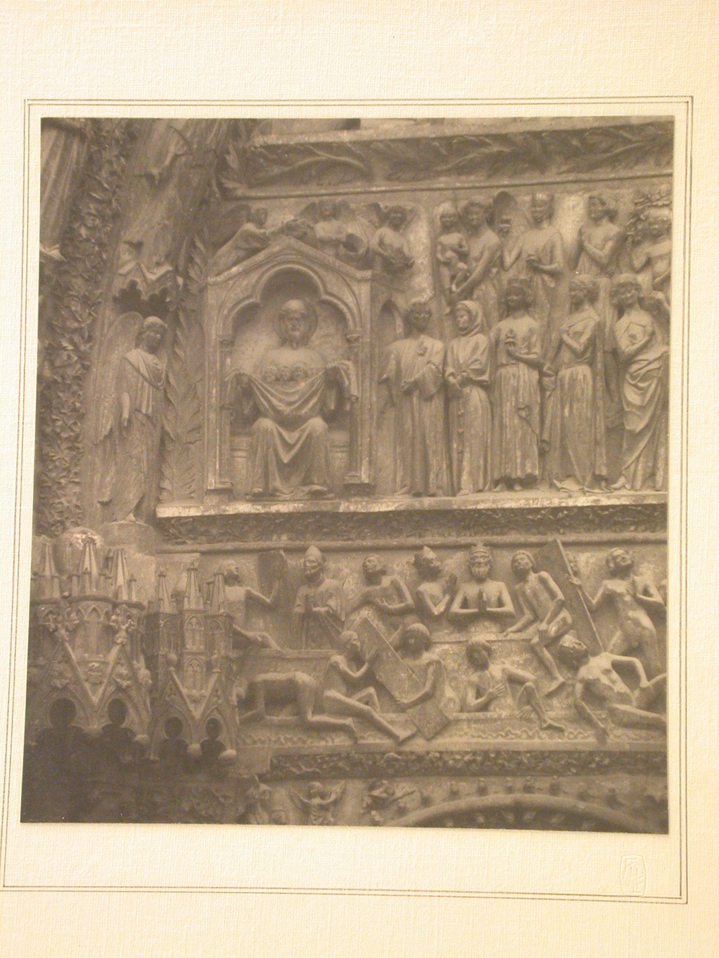 Cathedral of St. Etienne, West Front, Detail of Sculptural frieze depicting The Last Judgment above door, Bourges, France