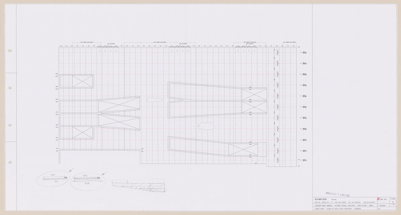 North elevation with annotations for C. Cultural e Audit. para a Fundação Iberê  Camargo [Iberê  Camargo Foundation Museum], Porto Alegre, Brazil