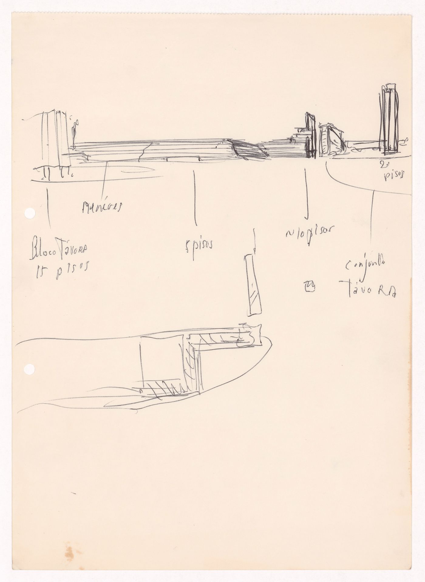 Sketch elevation and details with annotations for Habitações Colectivas da Sacor, Matosinhos, Portugal