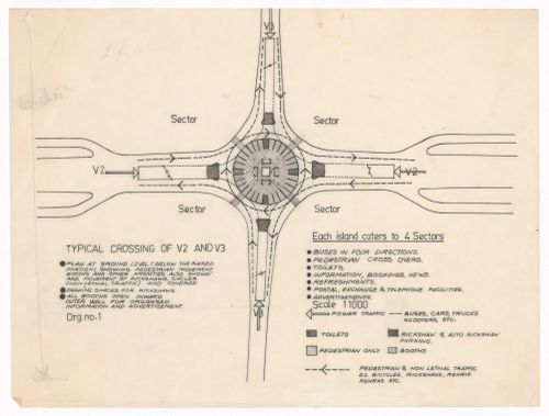 Road plan showing typical crossings of road types V2 and V3 for Linear city, Chandigarh, India
