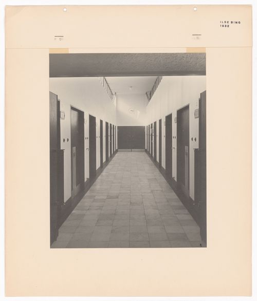 Interior view of a corridor and doors in a building in the New Jewish Cemetery [Neuer Jüdischer Friedhof], Frankfurt am Main, Germany