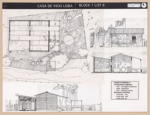 Presentation panel with floor plan, elevations, and section of Casa de Vicki Leiba for the Urban Upgrading project La Esperanza, in Zihuatanejo, Mexico