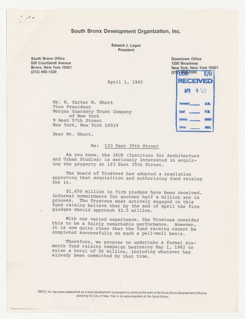 Letter from Edward J. Logue to R. Carter N. Short about property at 123 East 35th Street