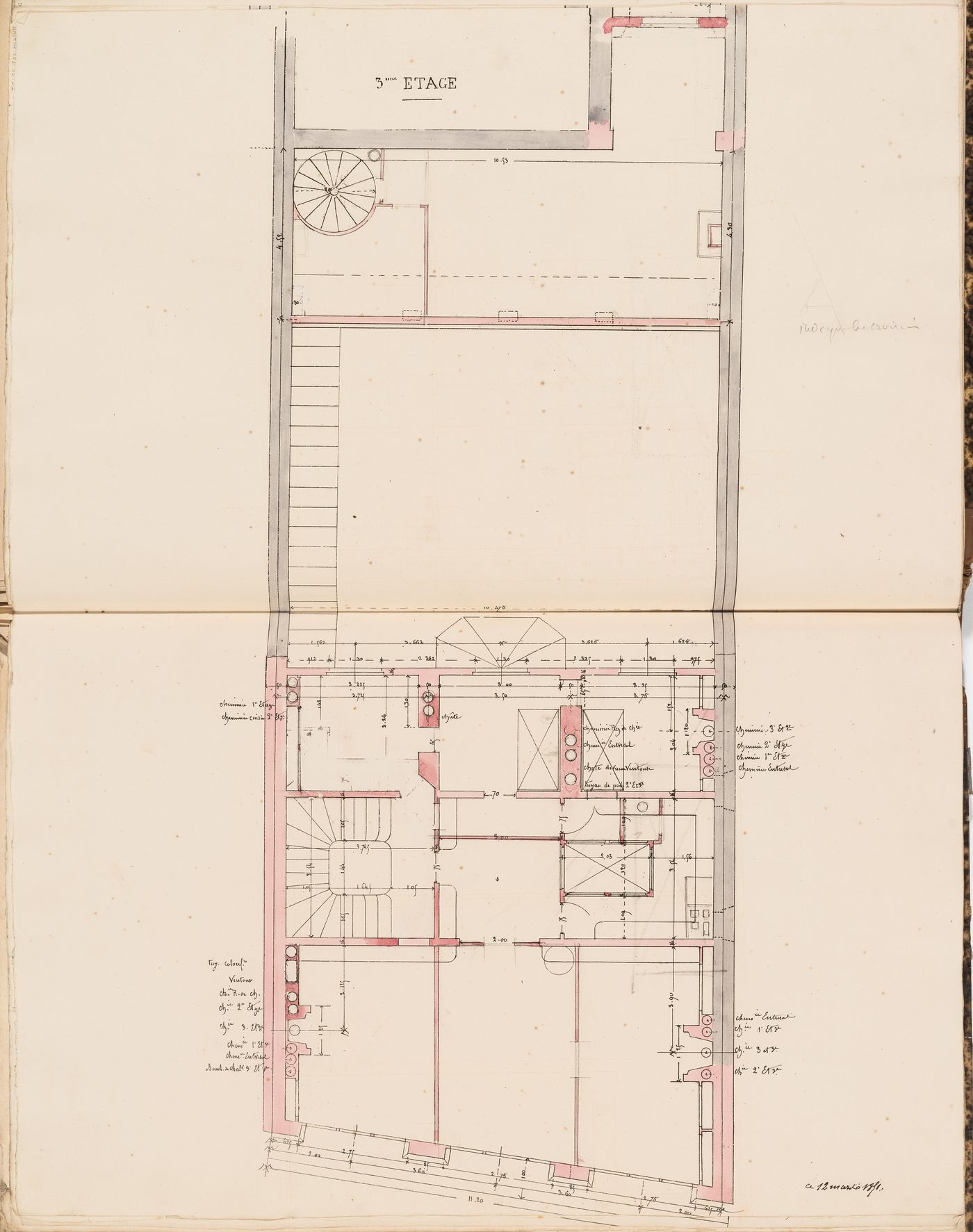 Plan for the "3e étage" for the Administration générale des omnibus Office Building, Paris