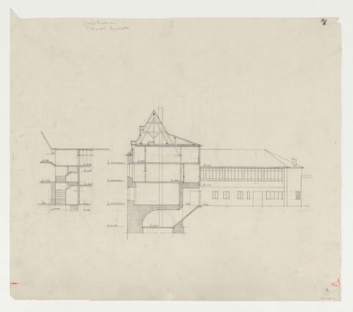 Section and sectional elevation for an addition to an existing building, possibly a school, Limburg an der Lahn, Germany