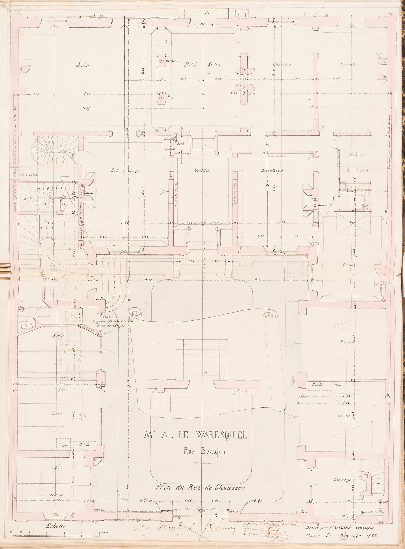 Contract drawing for a house for Monsieur A. Waresquiel, rue Beaujon, Paris: Ground floor plan