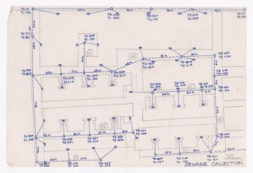 Sketch plan of plots showing sewage collection for Minimum Cost Housing Group's plot in Aranya township, India, for Aranya Housing Project