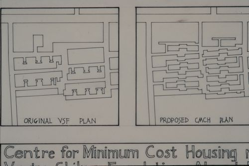 Site plan showing original Vastu-Shilpa Foundation plan and proposed Centre for Minimum Cost Housing plan for the Aranya Housing Project, Indore, India