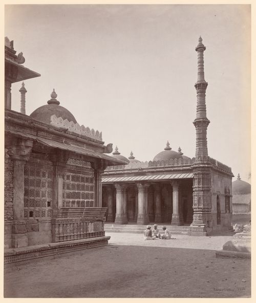 Partial view of the Rauza [tomb] on the left and Ranee Seeprika Masjid (also known as the Masjid-e-Nagira or Jewel of a Mosque) on the right, Ahmadabad, India