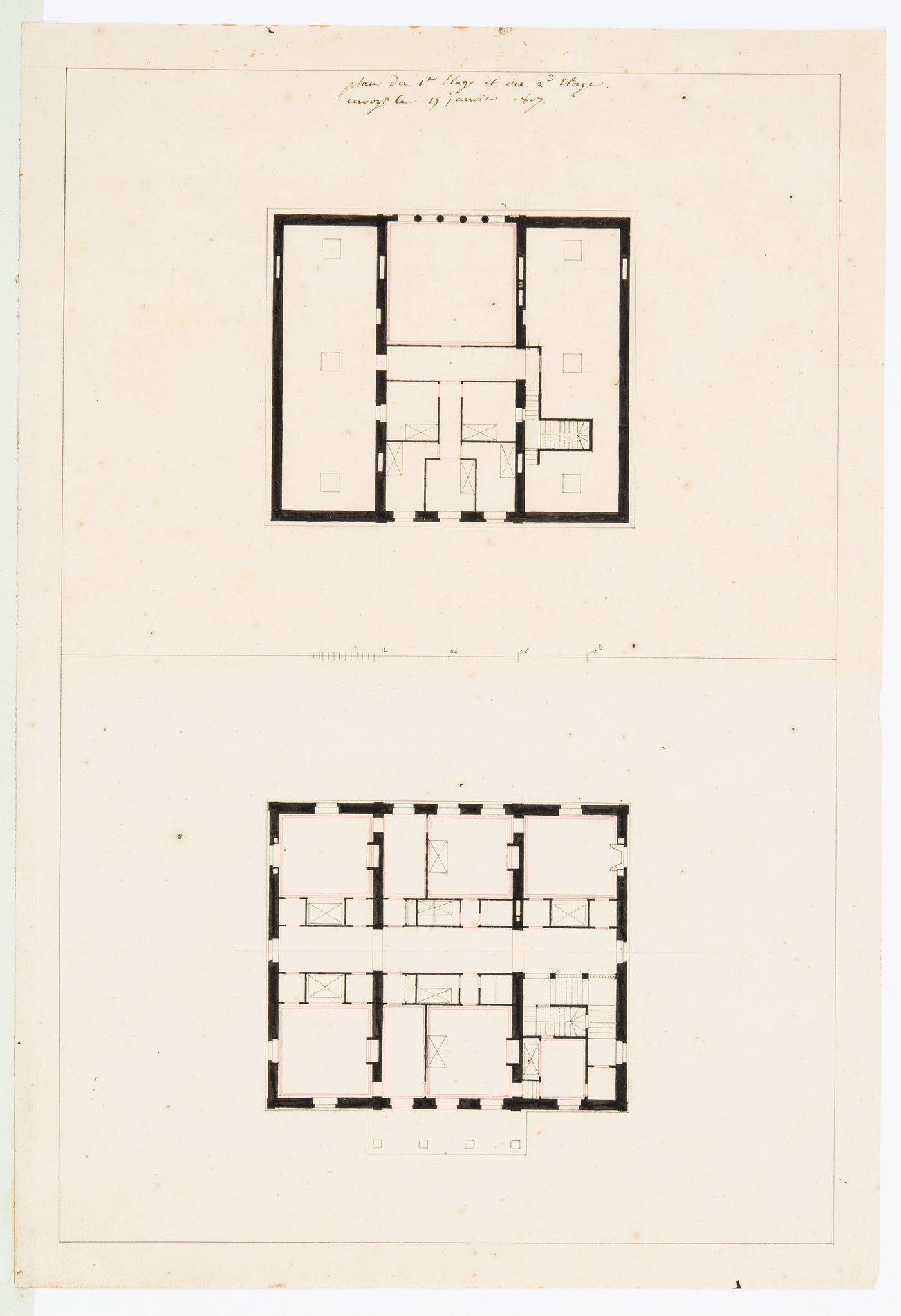 Project for a château for M. de Lorgeril, Motte Beaumanoir: First and second floor plans