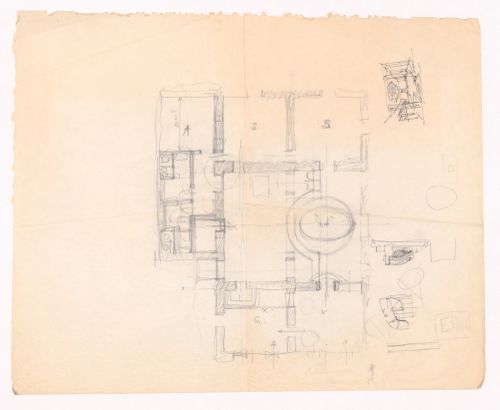 Sketch plan and perspective views for Banco Pinto & Sotto Mayor, agência e clube, Lamego, Portugal