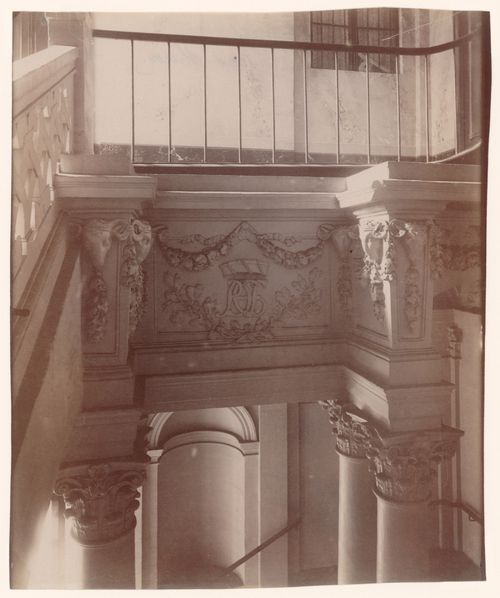 Hôtel de Beauvais: View of second floor with railing looking down to entrance hall below, Paris, France