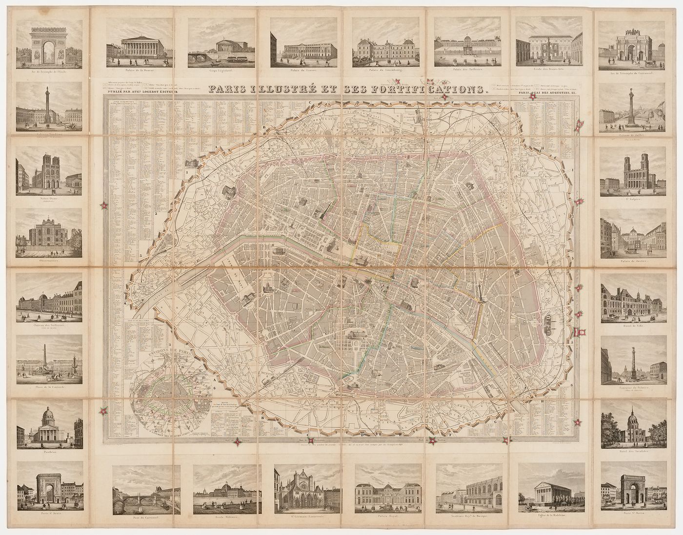 A map of Paris with its fortifications, as it was in 1848, surrounded by perspectives of important buildings