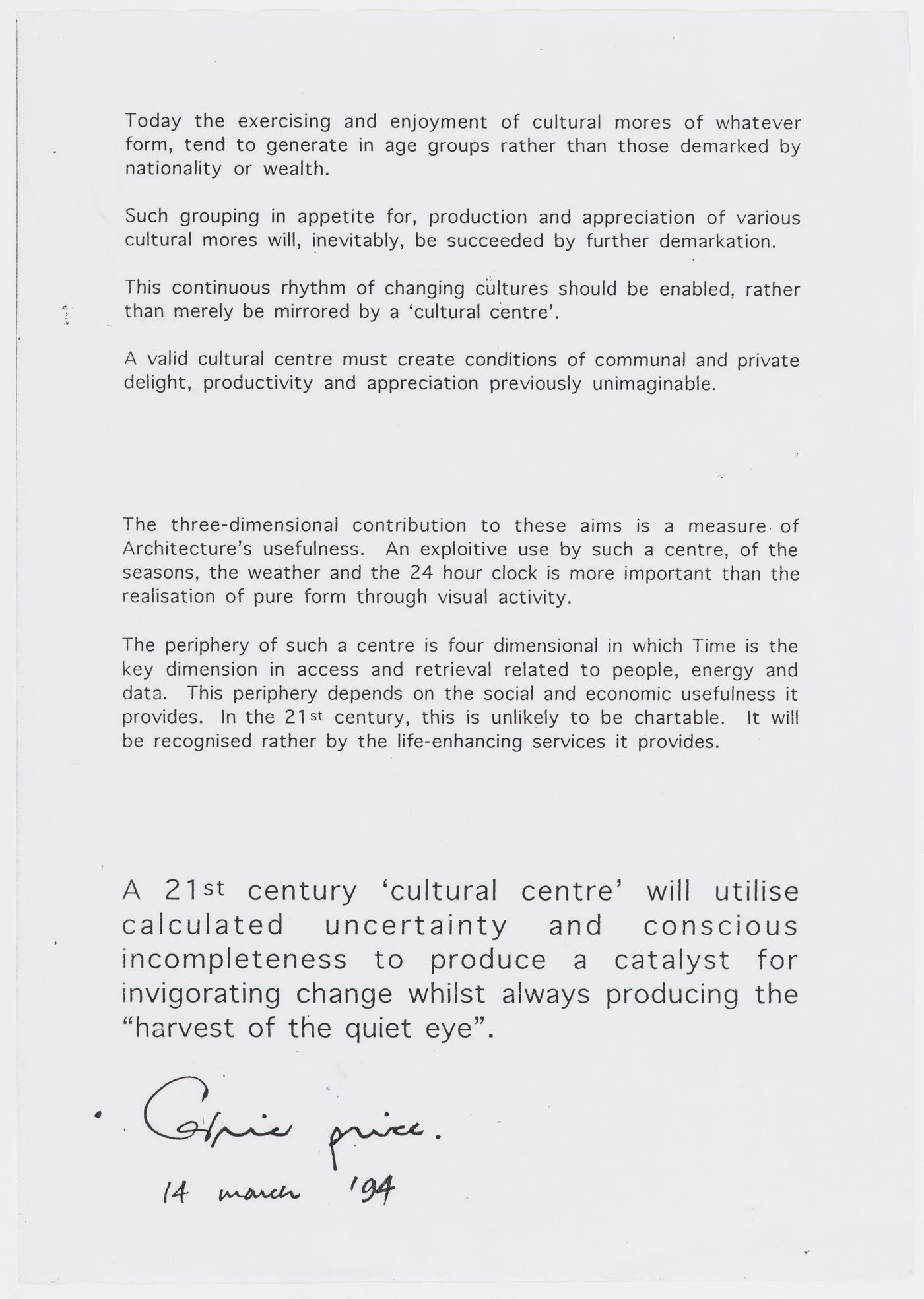 Text entitled "Statement on the role of cultural centres in the 21st Century" (second of two sheets) - from the project file "IFPRI"