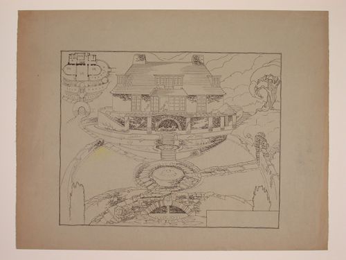 Perspectival view and plan showing a small country house and garden