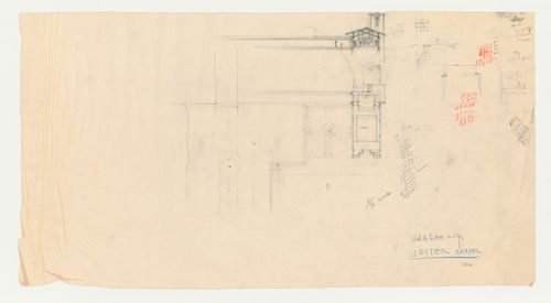 Wayfarers' Chapel, Palos Verdes, California: Partial entrance elevation and partial site plan for the Spanish Colonial design, with other sketches