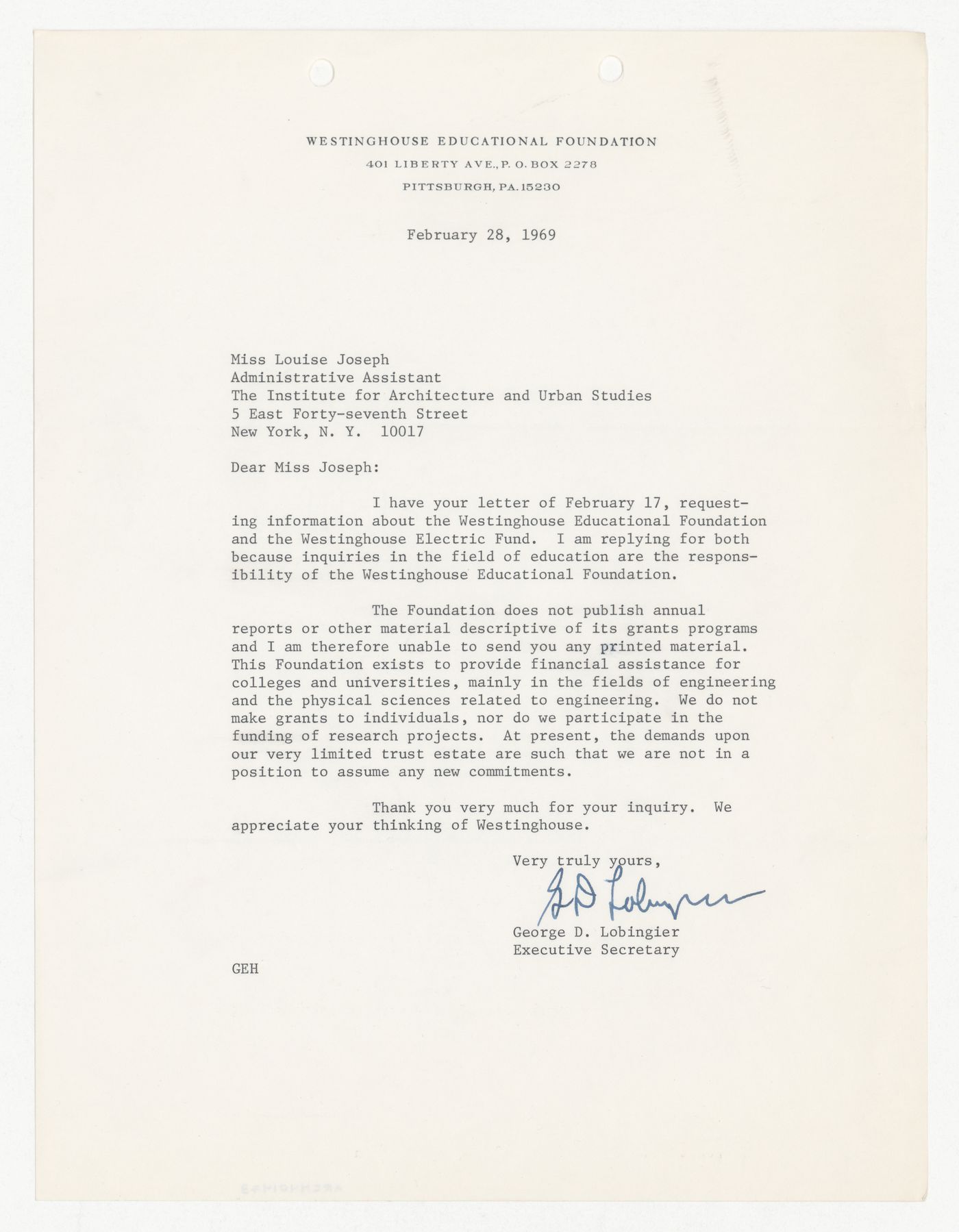 Letter from George D. Lobingier to Louise Joseph about grant programs operated by the Westinghouse Educational Foundation