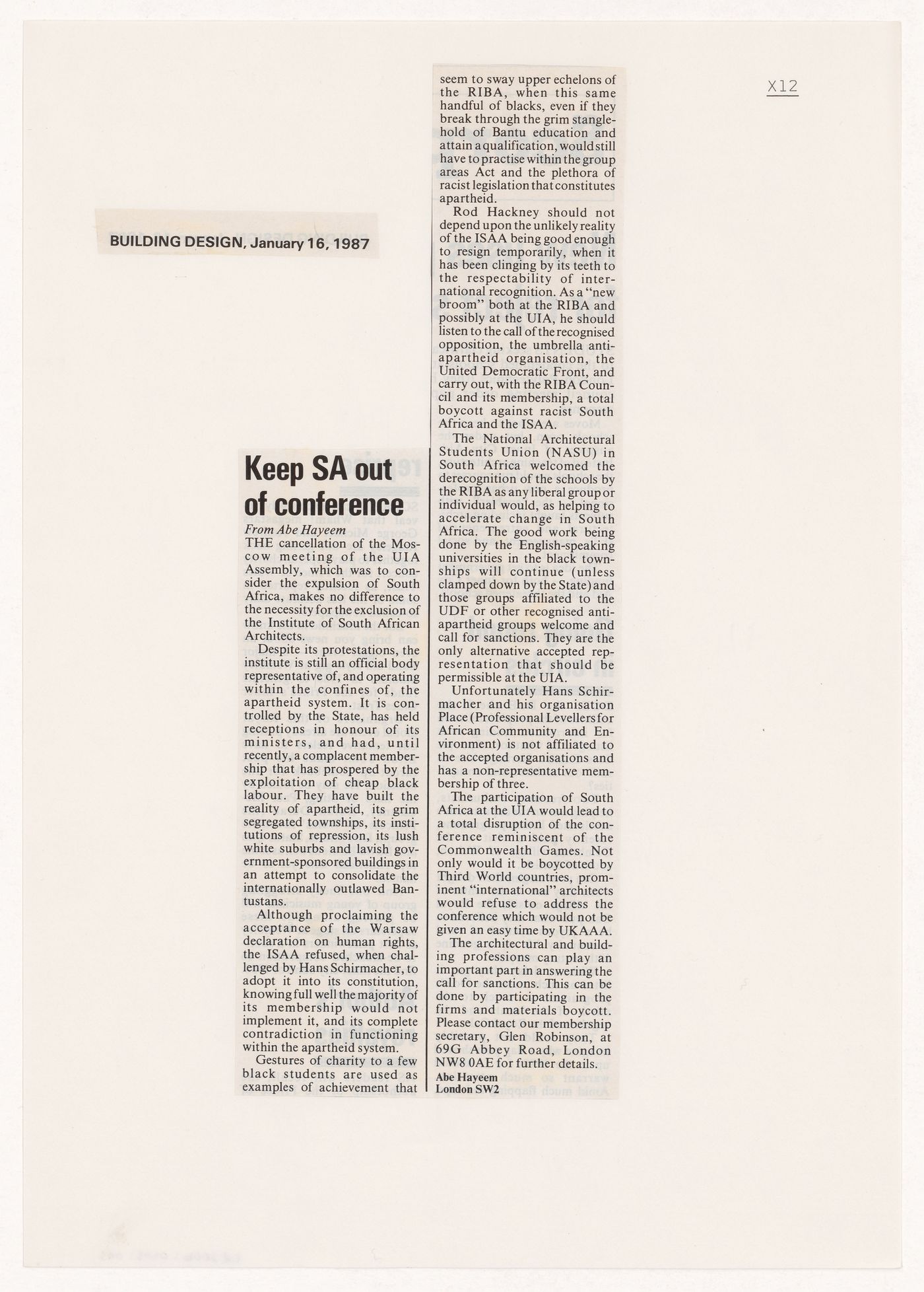 Newspaper clipping, "Keep SA out of conference"