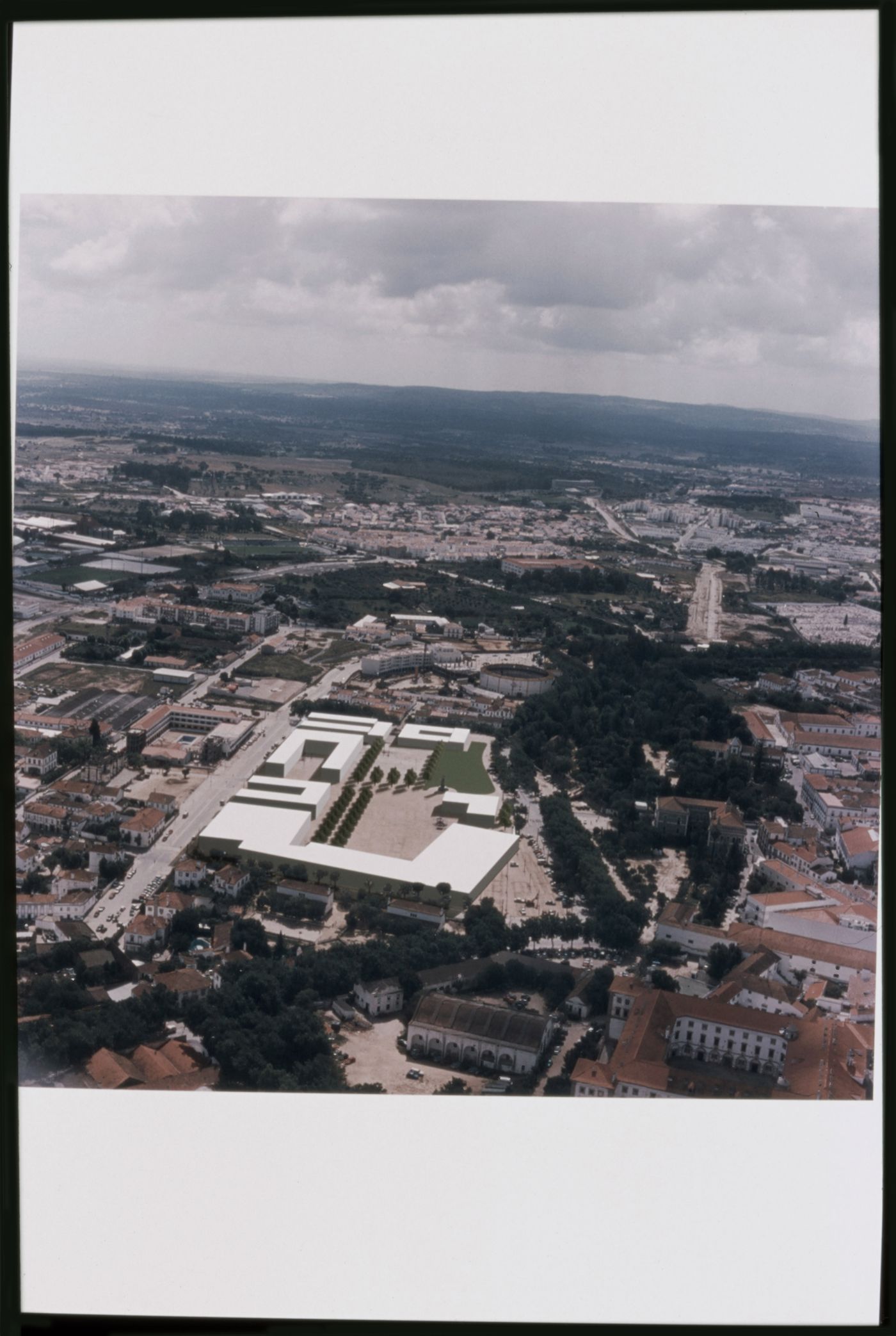 Aerial view with project rendering for Plano de Pormenor do Rossio de São Brás, Évora, Portugal