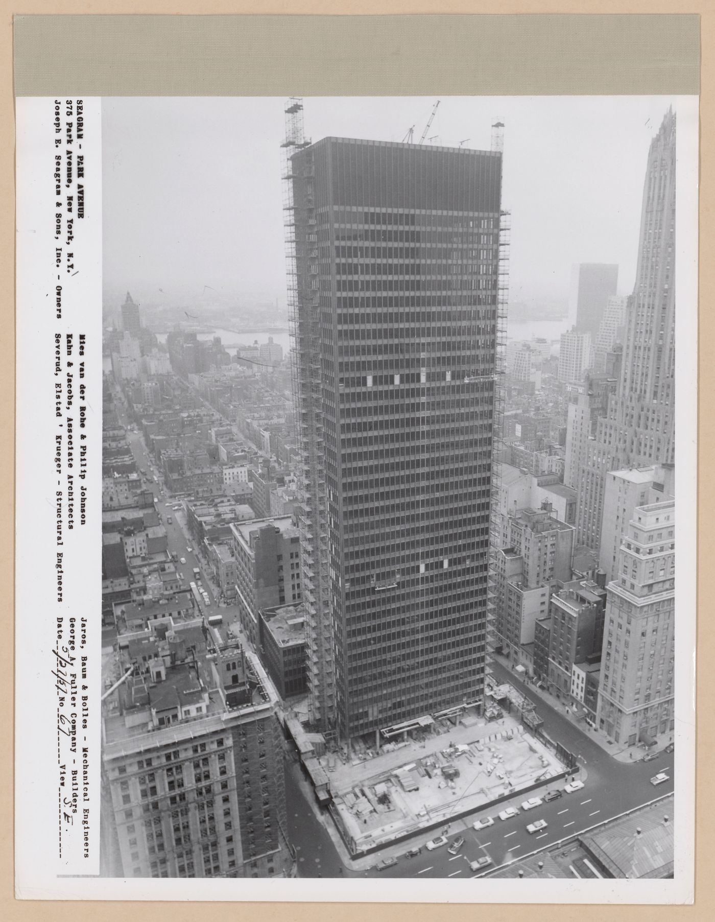 Seagram building under construction, 375 Park avenue, New York, N.Y., south-east view