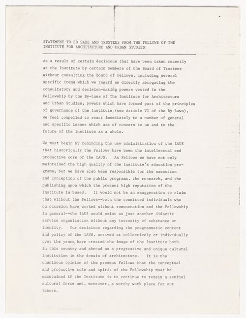 Statement from the IAUS Fellows to Edward L. Saxe and the Board of Trustees about the role of the Fellows
