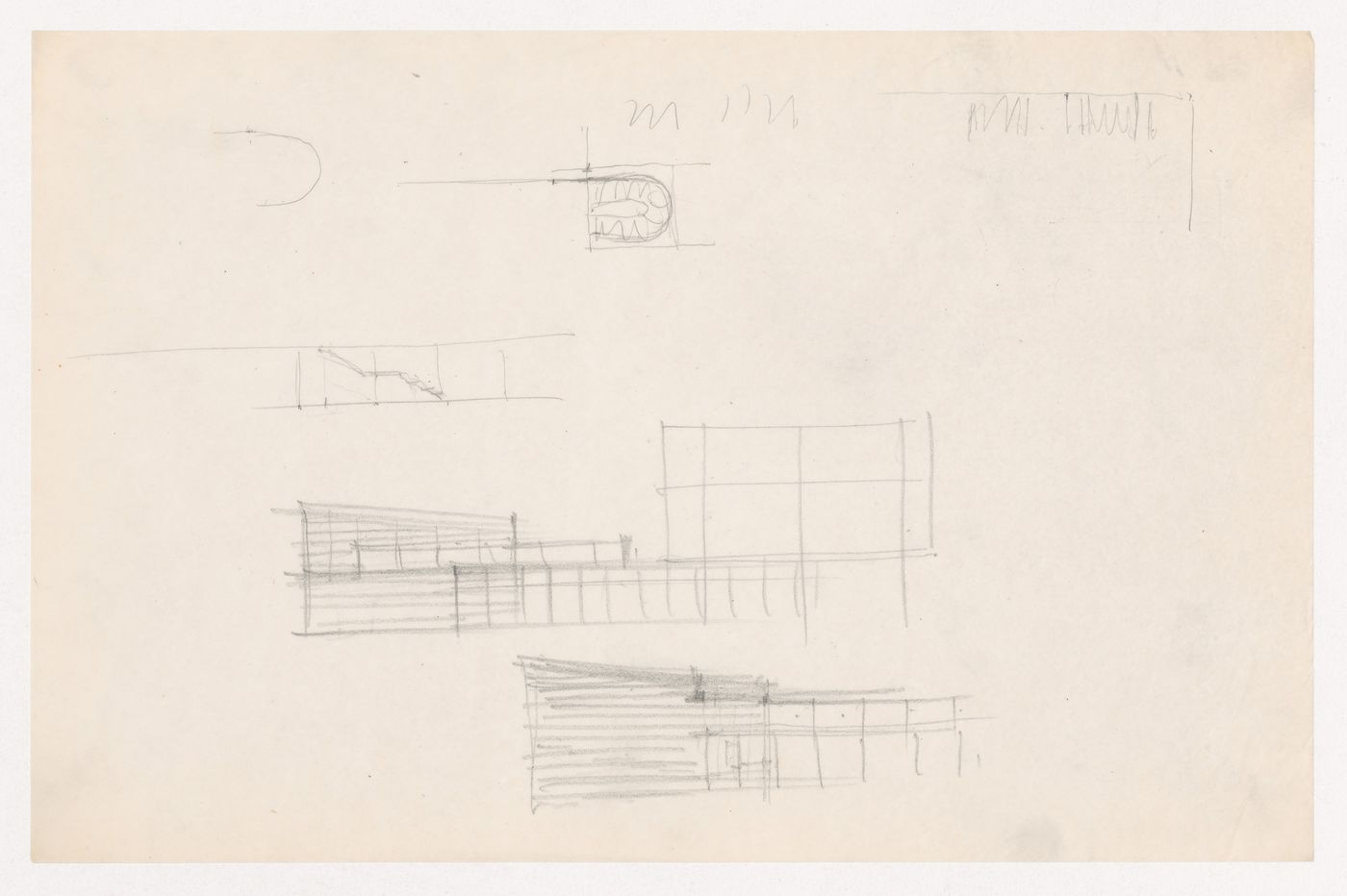 Sketch elevation, partial sketch elevations and sketch plan for stairwell for an auditorium for Illinois Institute of Technology