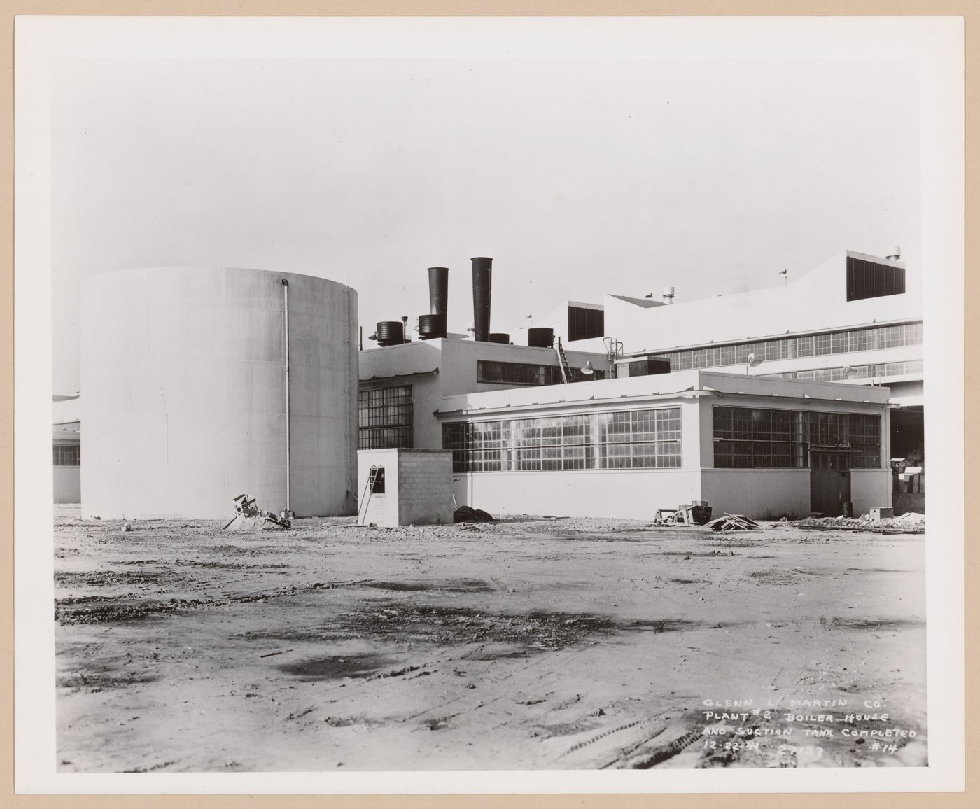 View of the rear [?] façade of the Boiler House and Suction Tank under construction, Glenn L. Martin Company Navy Assembly Plant No. 2, Middle River, Maryland