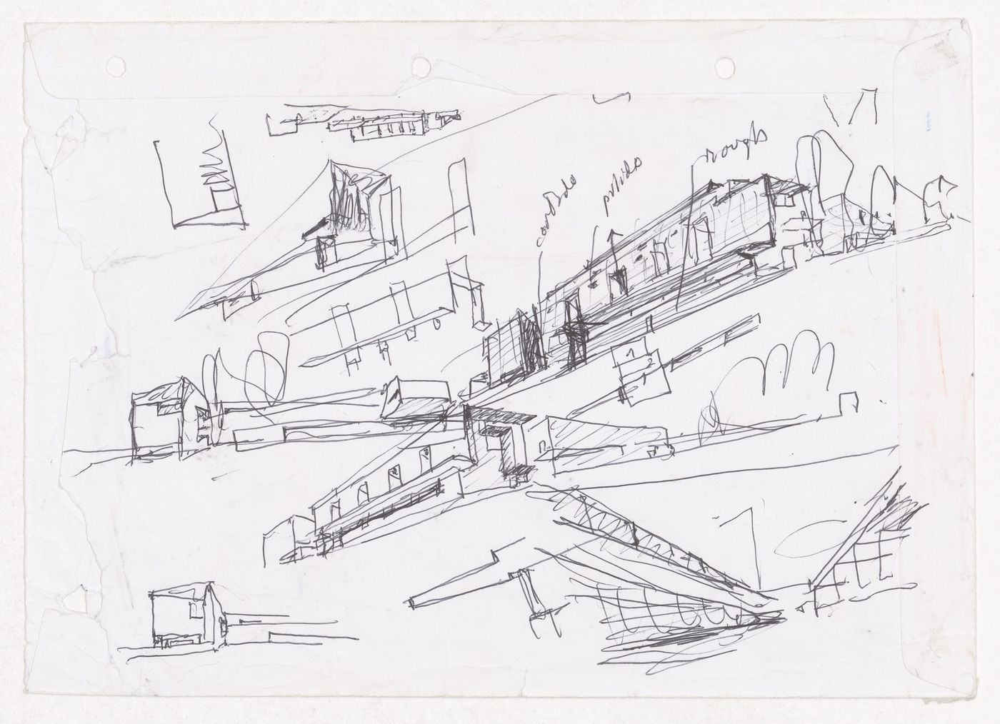 Sketch axonometric views and perspective for Biblioteca de Humanidades da Universidade de Salamanca, Salamanca, Spain; verso: Sketch axonometric views for Biblioteca de Humanidades da Universidade de Salamanca, Salamanca, Spain