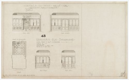 Résidence pour Oscar et Marius Dufresne, rue Sherbrooke, Montréal, Québec : plans et élévations du petit salon turc