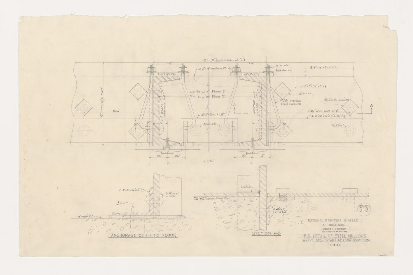 Coupe et détails des meneaux en acier, Imprimerie Nationale du Canada, Hull, Québec, Canada