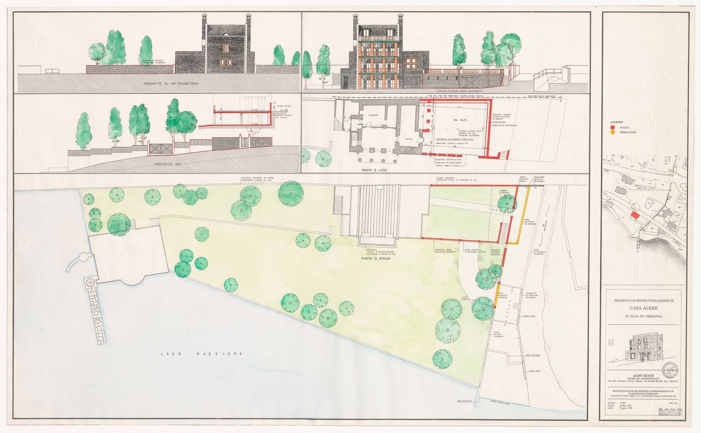 Elevations, plan, and site plan for Ristrutturazione Casa Alessi, Verbania, Italy