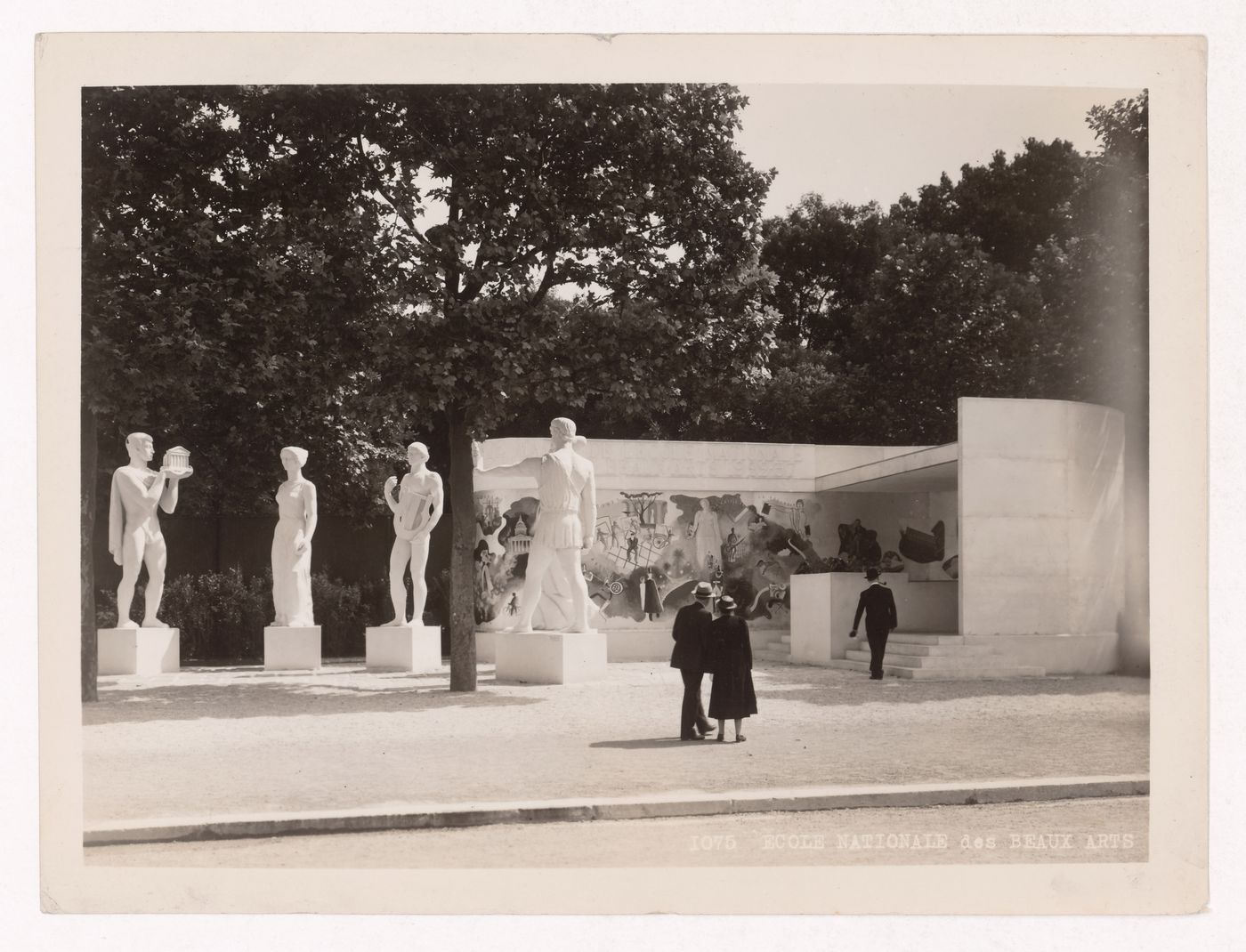 View of statues and a mural, Ecole Nationale des Beaux Arts, 1937 Exposition internationale, Paris, France