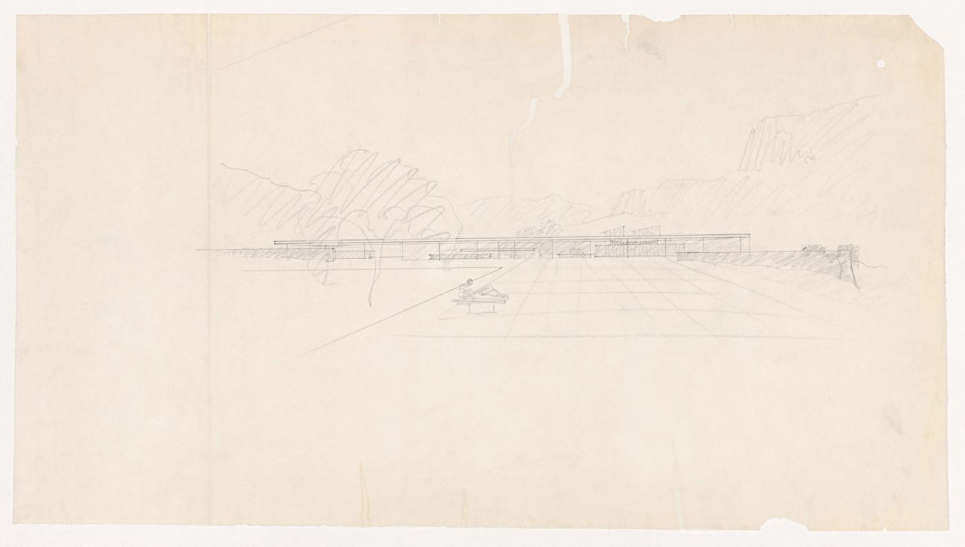 Perspective for the principal elevation for Museum for a Small City with surrounding landscape