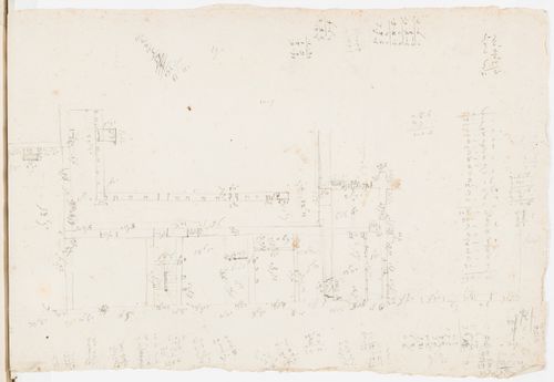 Sketch plan and dimensioning of the ground floor of the house, Domaine de La Vallée; verso: Sketch elevation, perhaps for the entrance stairs for the house, Domaine de La Vallée