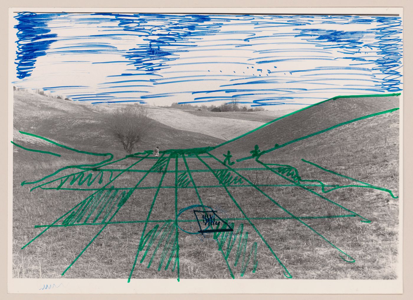 Photograph of the Siena landscape with sketches of the Supersurface grid and a plug-in node for Supersuperficie [Supersurface]